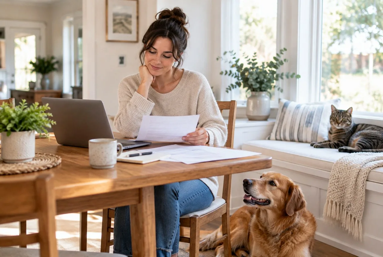 Owner reviewing papers at a laptop with a dog and cat nearby